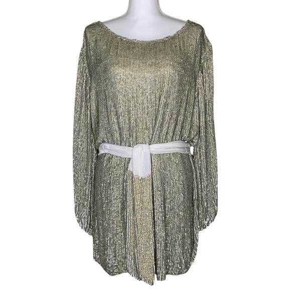 Retrofête Selma Champage Sequin Split Sleeve Keyhole Belted Robe Mini Dress - Picture 4 of 16